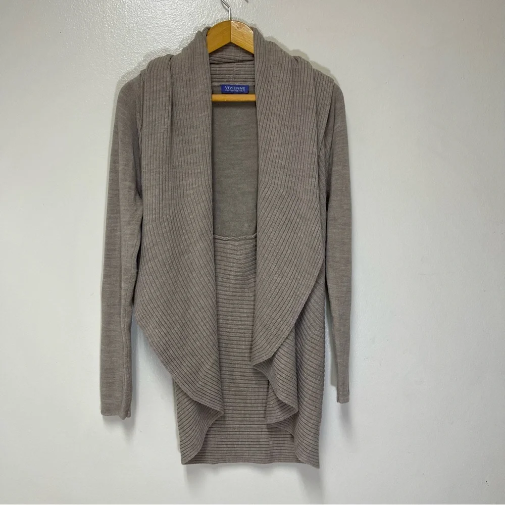 Vivienne Tam Neutral Taupe Rib Knit Waterfall Cardigan Longline Drape Sweater